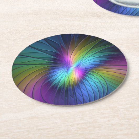 Farbenfroh mit blauem, modernem Abstraktem Fraktal Runder Pappuntersetzer (Angewinkelt)
