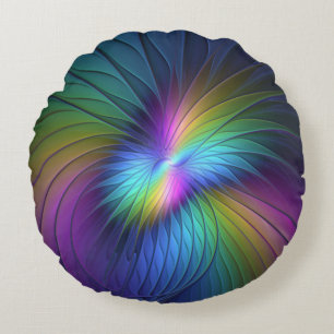 Farbenfroh mit blauem, modernem Abstraktem Fraktal Rundes Kissen