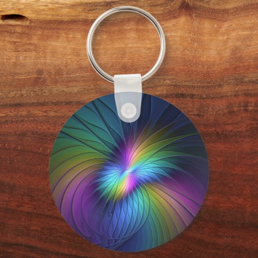 Farbenfroh mit blauem, modernem Abstraktem Fraktal Schlüsselanhänger (Rückseite)