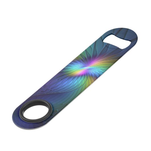 Farbenfroh mit blauem, modernem Abstraktem Fraktal Speed Flaschenöffner (Rückseite Schrägansicht)
