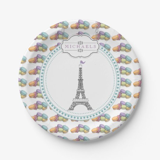Farbenfroh Paris Macaron Eiffel Tower Monogram Pappteller (Vorderseite)