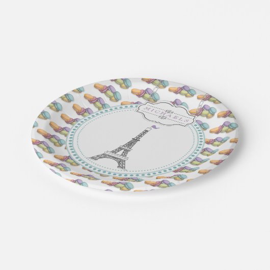 Farbenfroh Paris Macaron Eiffel Tower Monogram  Pappteller (Schrägansicht)
