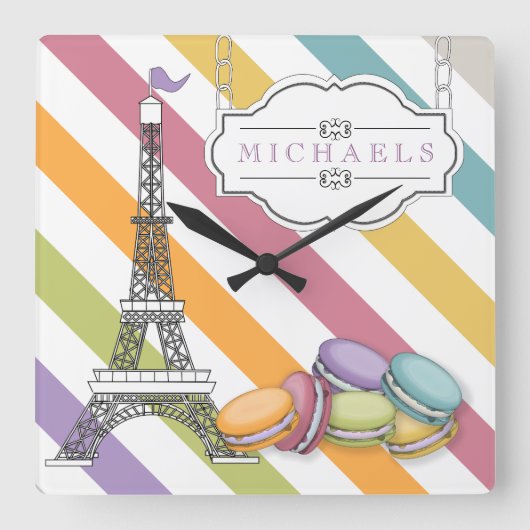 Farbenfroh Paris Macaron Eiffel Tower Monogram Quadratische Wanduhr (Vorderseite)