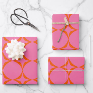 Farbenfroh rosa und orangefarbenes Retro-mitteles  Geschenkpapier Set
