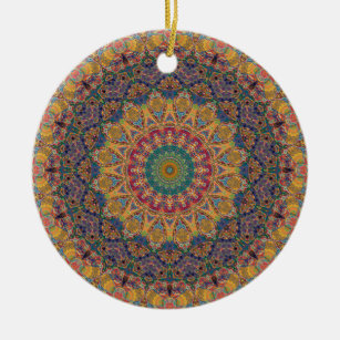 Farbenfroh Rot, Gold und Blau Mandala Kaleidoscope Keramikornament