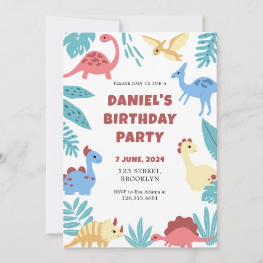 Farbenfroh spielerisch Illustrative Dinosaurier Ge Einladung (Vorderseite)