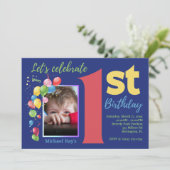 Farbenfrohe 1. Geburtstag Foto Party Einladung (Stehend Vorderseite)