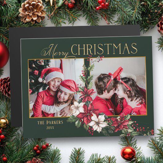 Farbenfrohe 2-Foto Frohe Weihnachtsfeier Poinsetti Magnetkarte