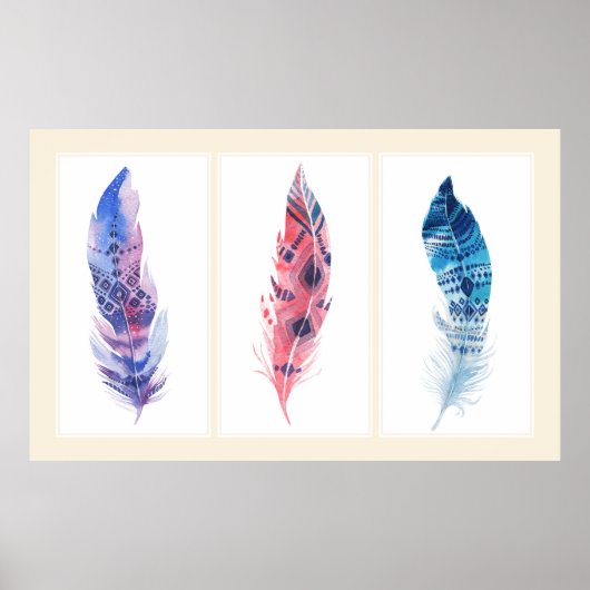 Farbenfrohe 3 Panel Boho Feathers Poster (Vorne)