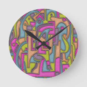 Farbenfrohe 60er Mod Geometrische Abstraktion Runde Wanduhr