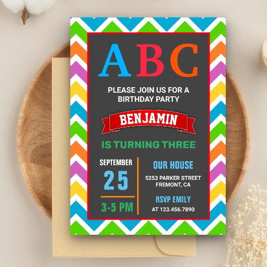 Farbenfrohe ABC Kids Alphabet Geburtstagsparty Einladung