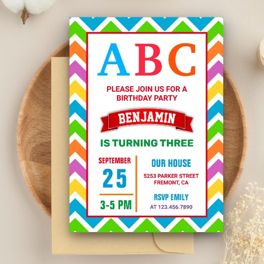 Farbenfrohe ABC Kids Alphabet Geburtstagsparty Einladung