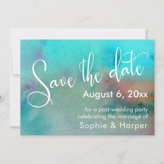 Farbenfrohe Abstrakte Aquarellschrift Save The Date (Vorderseite)