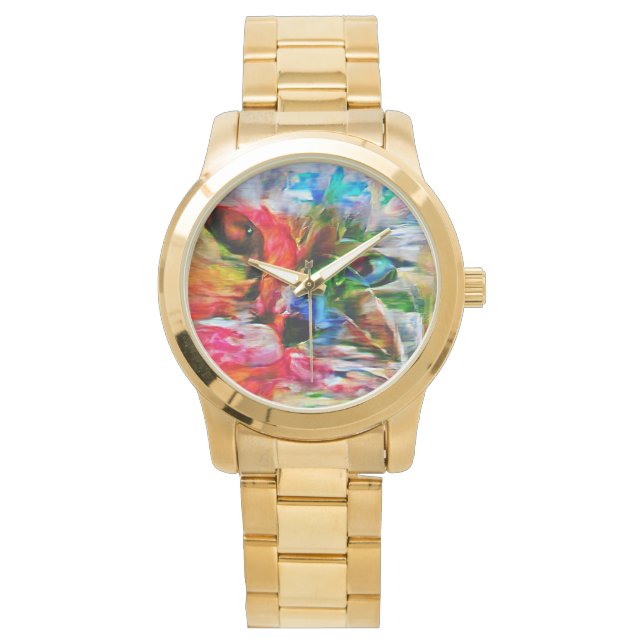 Farbenfrohe Abstrakte Ausdrucksform Cat Art Print Armbanduhr (Vorderseite)