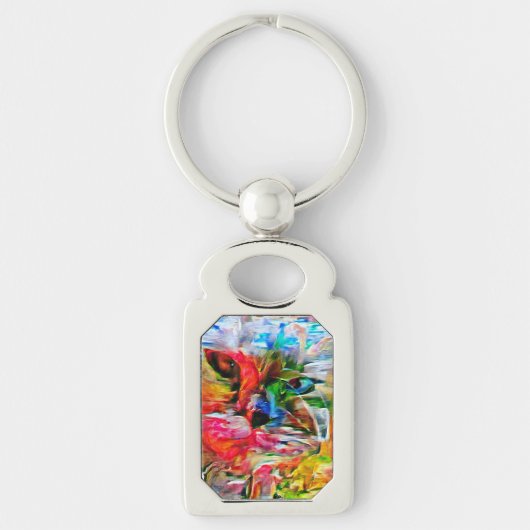 Farbenfrohe Abstrakte Ausdrucksform Cat Art Print Schlüsselanhänger (Vorderseite)