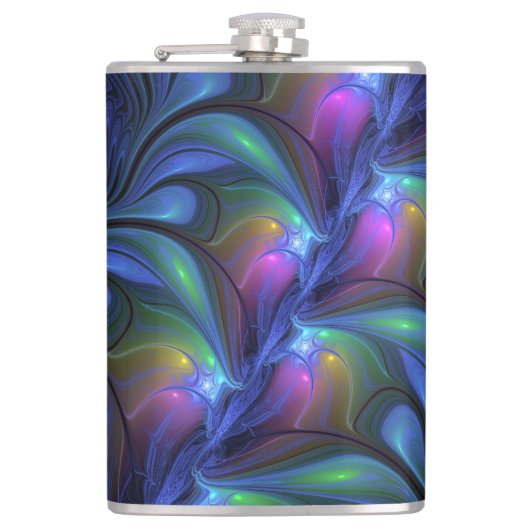 Farbenfrohe Abstrakte blaurosa grünes Fraktal Flachmann (Vorderseite)