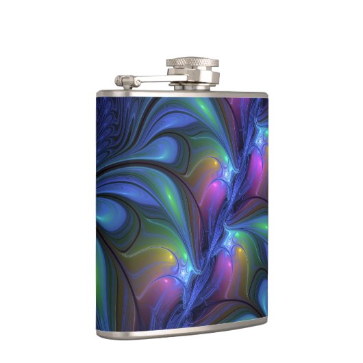 Farbenfrohe Abstrakte blaurosa grünes Fraktal Flachmann (Rechts)