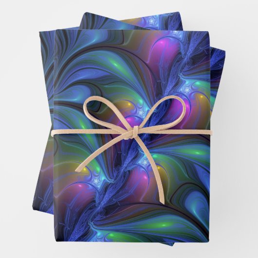 Farbenfrohe Abstrakte blaurosa grünes Fraktal Geschenkpapier Set (Beispiel)