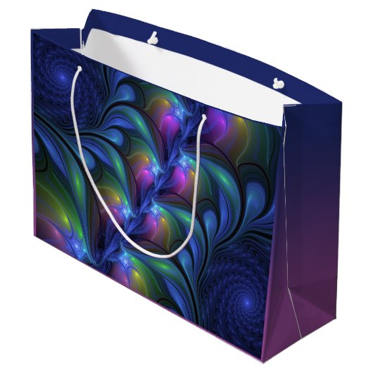 Farbenfrohe Abstrakte blaurosa grünes Fraktal Große Geschenktüte (Rückseite Schrägansicht)
