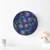 Farbenfrohe Abstrakte blaurosa grünes Fraktal Große Wanduhr (Zuhause)