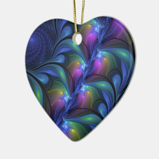 Farbenfrohe Abstrakte blaurosa grünes Fraktal Herz Keramik Ornament (Links)