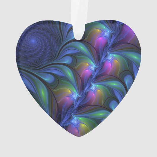 Farbenfrohe Abstrakte blaurosa grünes Fraktal Herz Ornament (Rückseite)