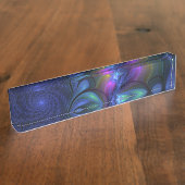 Farbenfrohe Abstrakte blaurosa grünes Fraktal Namensplakette (Seite)