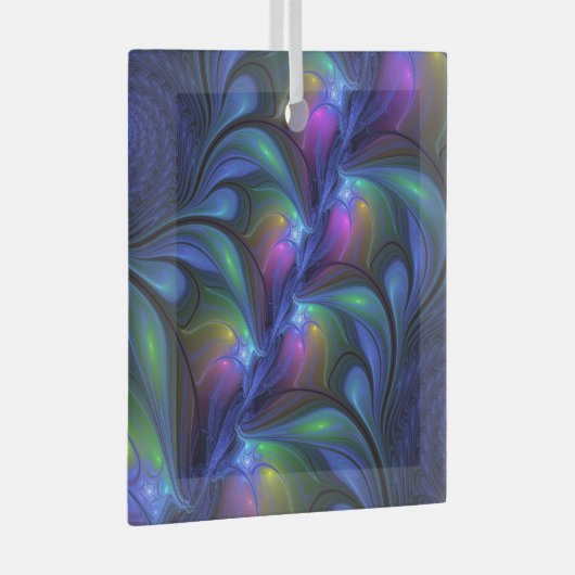 Farbenfrohe Abstrakte blaurosa grünes Fraktal Ornament Aus Glas (Vorderseite Rechts)