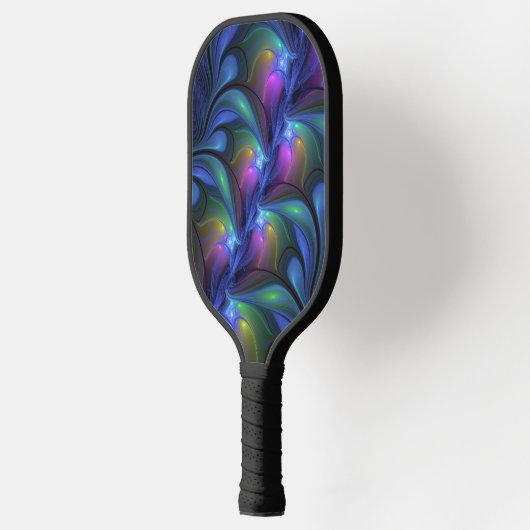 Farbenfrohe Abstrakte blaurosa grünes Fraktal Pickleball Schläger (Links)