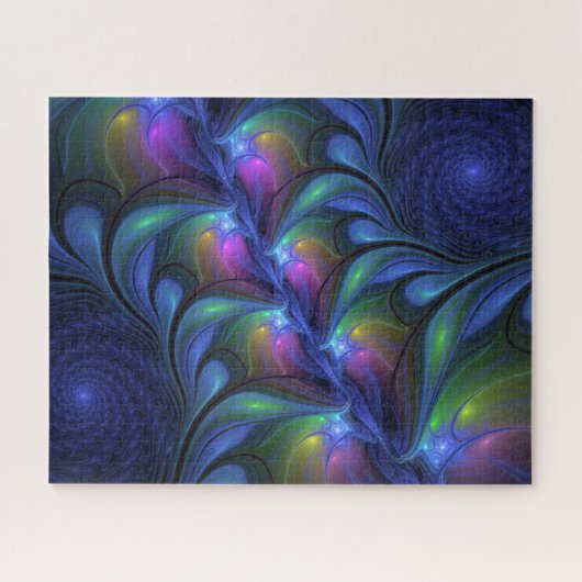 Farbenfrohe Abstrakte blaurosa grünes Fraktal Puzzle (Horizontal)