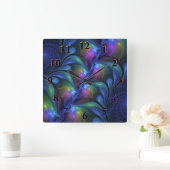 Farbenfrohe Abstrakte blaurosa grünes Fraktal Quadratische Wanduhr (Zuhause)