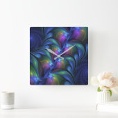 Farbenfrohe Abstrakte blaurosa grünes Fraktal Quadratische Wanduhr (Zuhause)
