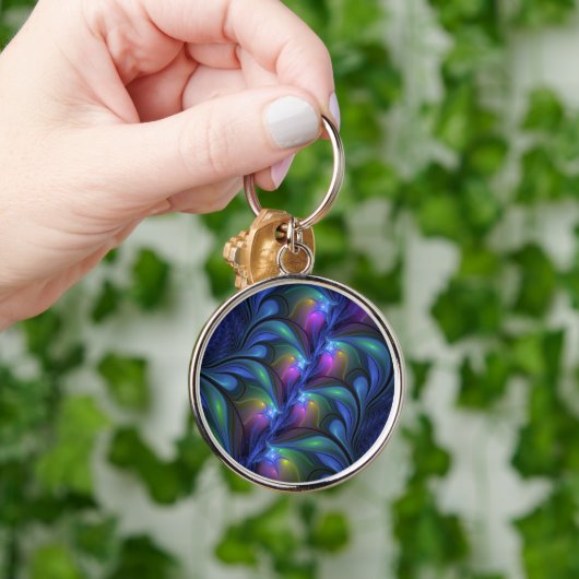 Farbenfrohe Abstrakte blaurosa grünes Fraktal Schlüsselanhänger (Hand)