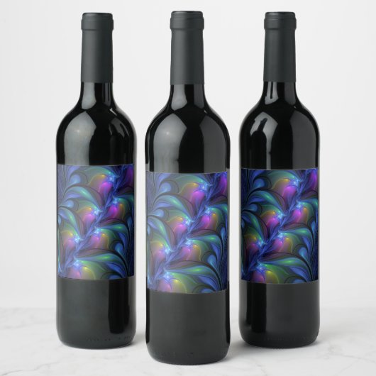 Farbenfrohe Abstrakte blaurosa grünes Fraktal Weinetikett (Flaschen)