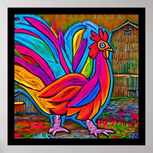 Farbenfrohe Abstrakte Cartoon-Stall-Rooster Poster (Vorne)