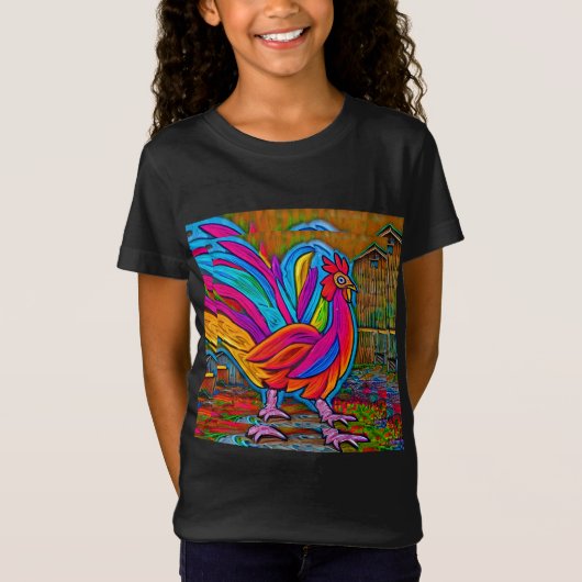 Farbenfrohe Abstrakte Cartoon-Stall-Rooster T-Shirt (Vorderseite)