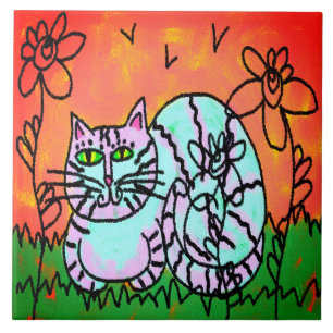 Farbenfrohe Abstrakte digitale Katzenmalerei Fliese