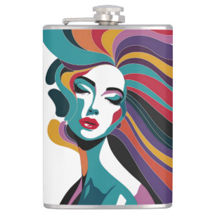 Farbenfrohe Abstrakte Frau mit Flower Hair Art Flachmann