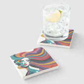 Farbenfrohe Abstrakte Frau mit Flower Hair Art Steinuntersetzer (Seitenansicht)