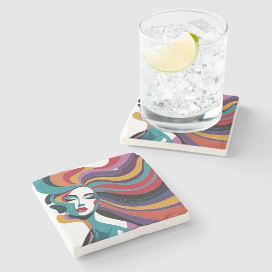 Farbenfrohe Abstrakte Frau mit Flower Hair Art Steinuntersetzer (Seitenansicht)