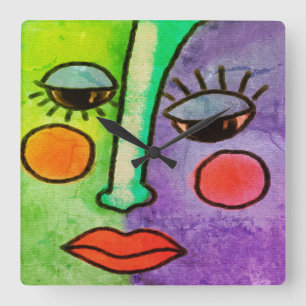 Farbenfrohe Abstrakte Gesichtspainte rund um die U Quadratische Wanduhr