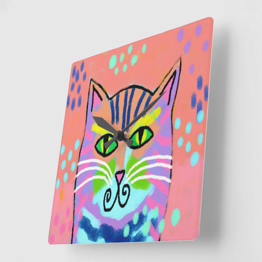 Farbenfrohe Abstrakte Kunst Cat Wall Clock Quadratische Wanduhr (Winkel)