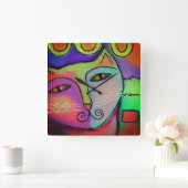Farbenfrohe Abstrakte Kunst-Kat-Malerei Quadratische Wanduhr (Zuhause)