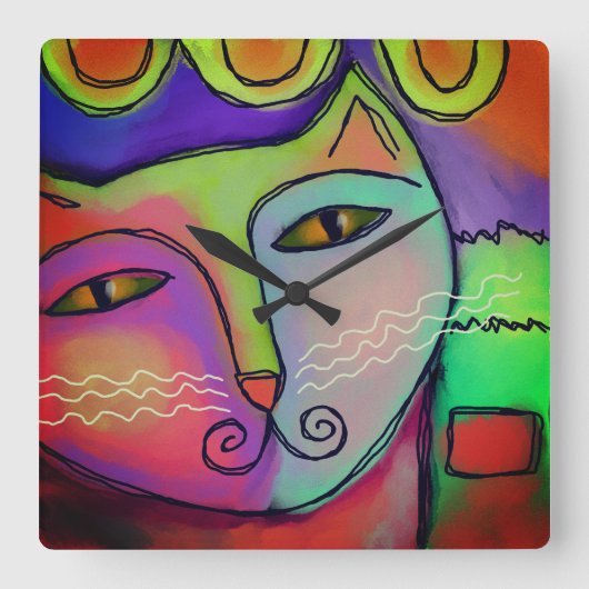 Farbenfrohe Abstrakte Kunst-Kat-Malerei Quadratische Wanduhr (Vorderseite)