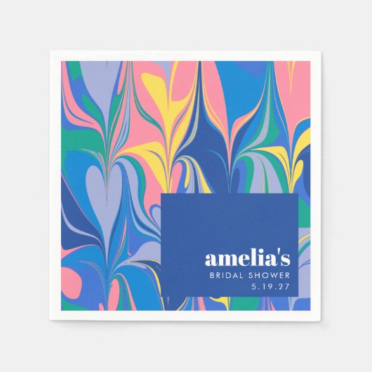 Farbenfrohe Abstrakte Marmorplatte Blaues Brautpar Serviette (Vorderseite)