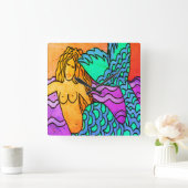 Farbenfrohe Abstrakte Meerjungstatue Quadratische Wanduhr (Zuhause)