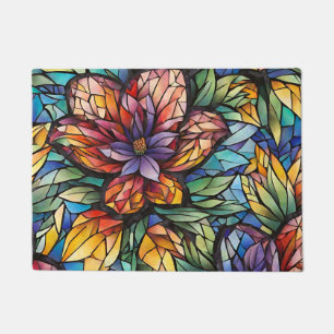 Farbenfrohe Abstrakte Mosaik-Blume und Blätter Fußmatte