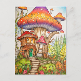 Farbenfrohe Abstrakte Mushroom House Illustration Postkarte