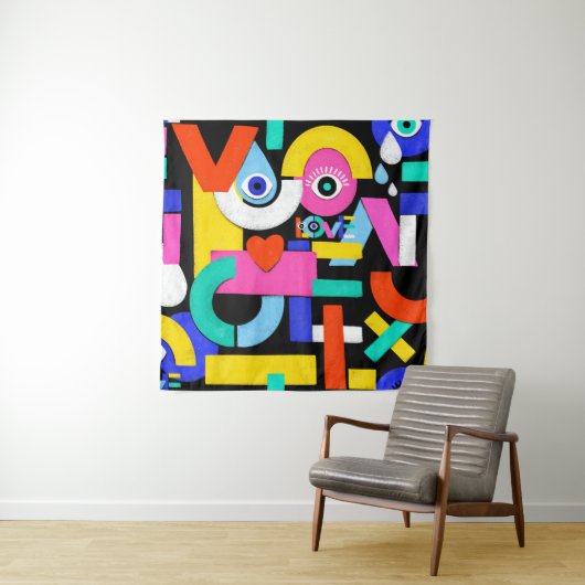 Farbenfrohe abstrakte Muster mit Liebe im Inneren. Wandteppich (Beispiel)