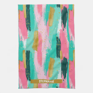 Farbenfrohe abstrakte Pinselstriche - Mint & Pink Geschirrtuch